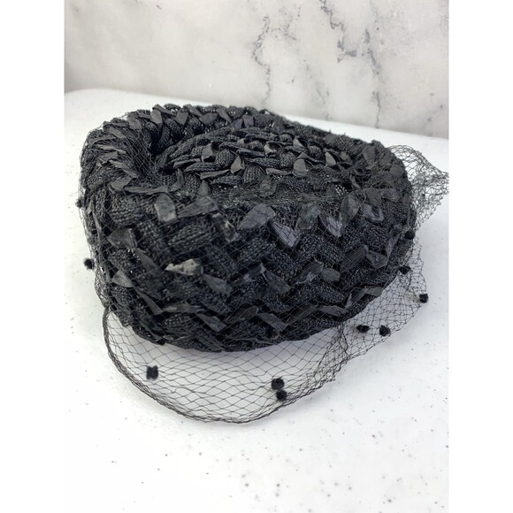Vintage 60s 50s Dayne Fascinator Hat Union USA Black Straw Classy Jackie Kennedy - Picture 4 of 13